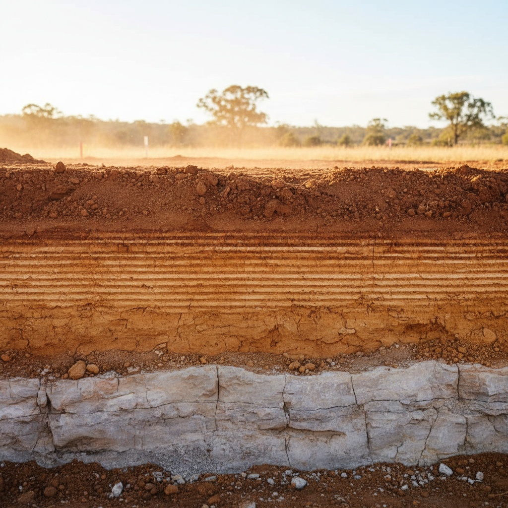 A freshly cut earth batter showing clean horizontal layers of red clay over ochre subsoil over pale rock