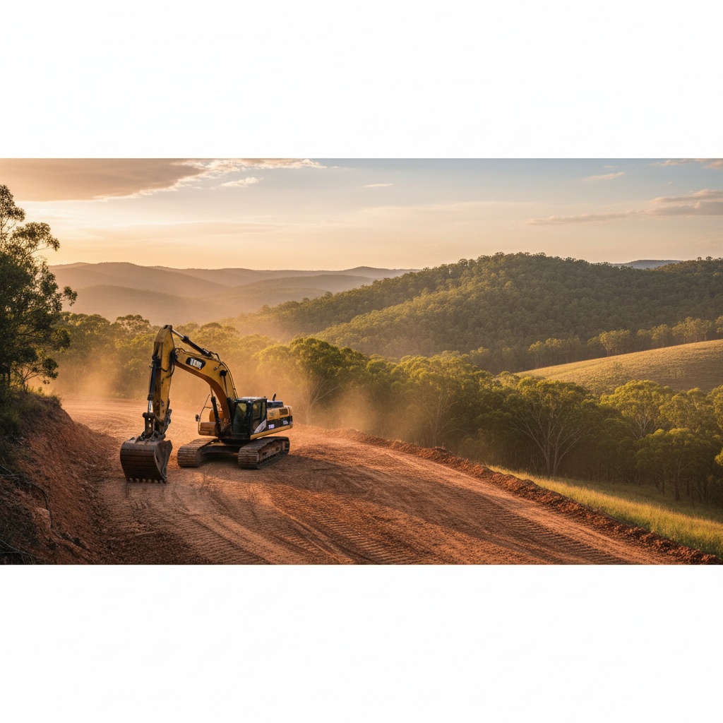 A large excavator parked on a benched hillside pad at golden hour with fresh cut earth