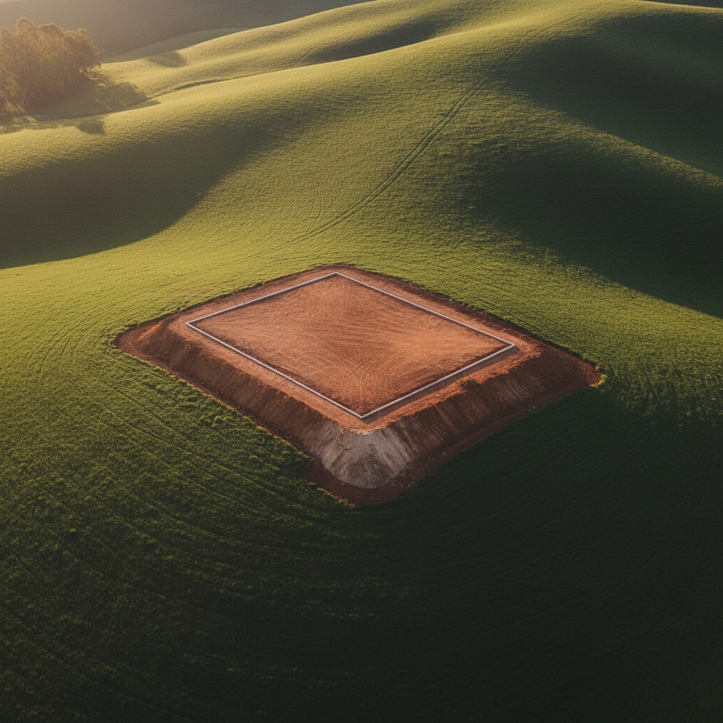 A finished level building pad cut into a green hillside seen from above, crisp geometric edges in raw earth